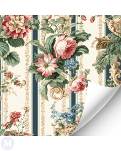 Vintage Blue Striped Floral Wallpaper