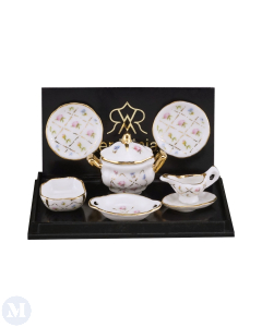 Two Dinner Plates and Serving Dishes in Gold Checker Design