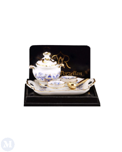 Blue Onion Design Tray with Soup Dish, Ladle, and Plates