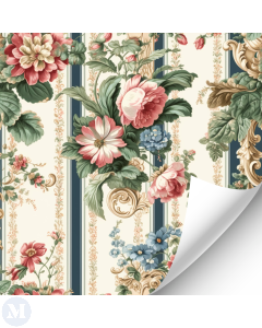 Vintage Blue Striped Floral Wallpaper