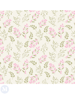 Ivory Cream Wallpaper with Candy Pink and Olive Green Leaves